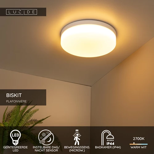 Lucide BISKIT - Plafonnière Badkamer - Ø 34,5 cm - LED - 1x24W 2700K - IP44 - Bewegingssensor - Wit - USP